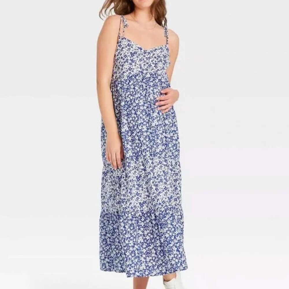 THE NINES by HATCH blue and white floral maternity tiered maxi sundress
